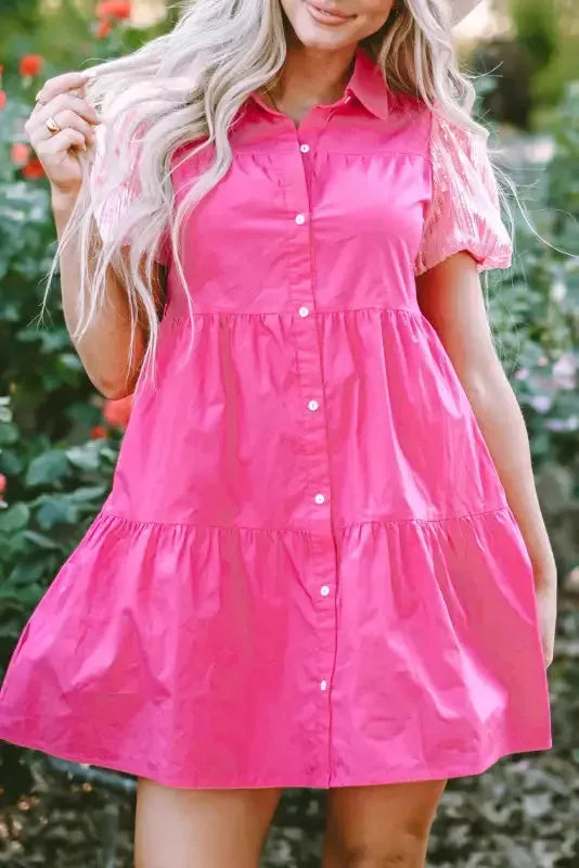 Bonbon Sequined Bubble Sleeve Tiered Ruffled Shirt Dress - Fashionfitz