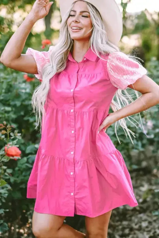 Bonbon Sequined Bubble Sleeve Tiered Ruffled Shirt Dress - Fashionfitz