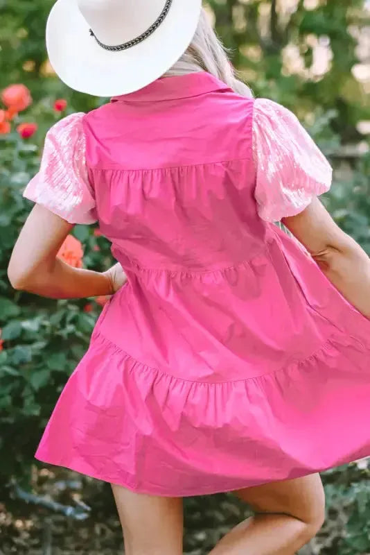 Bonbon Sequined Bubble Sleeve Tiered Ruffled Shirt Dress - Fashionfitz