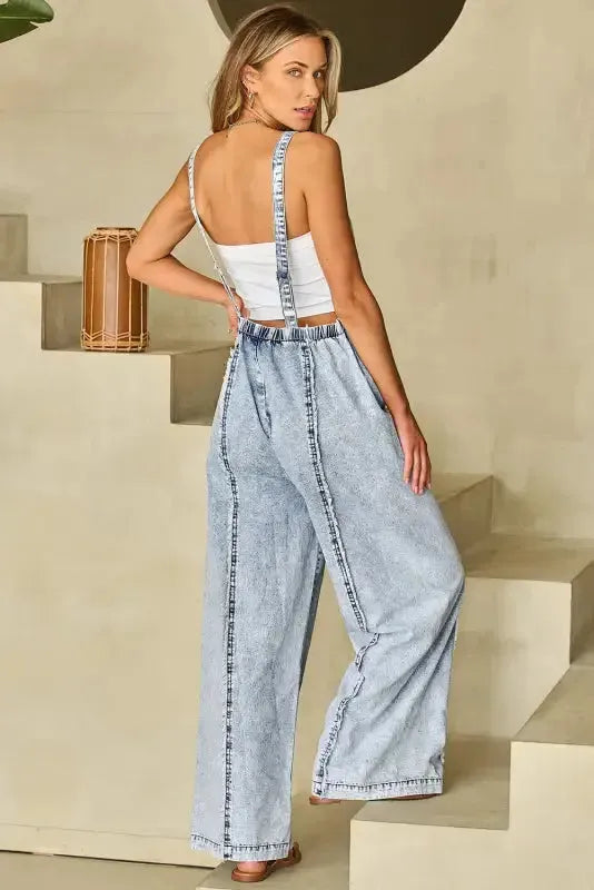 Beau Blue Light Wash Frayed Exposed Seam Wide Leg Denim Overall - Fashionfitz
