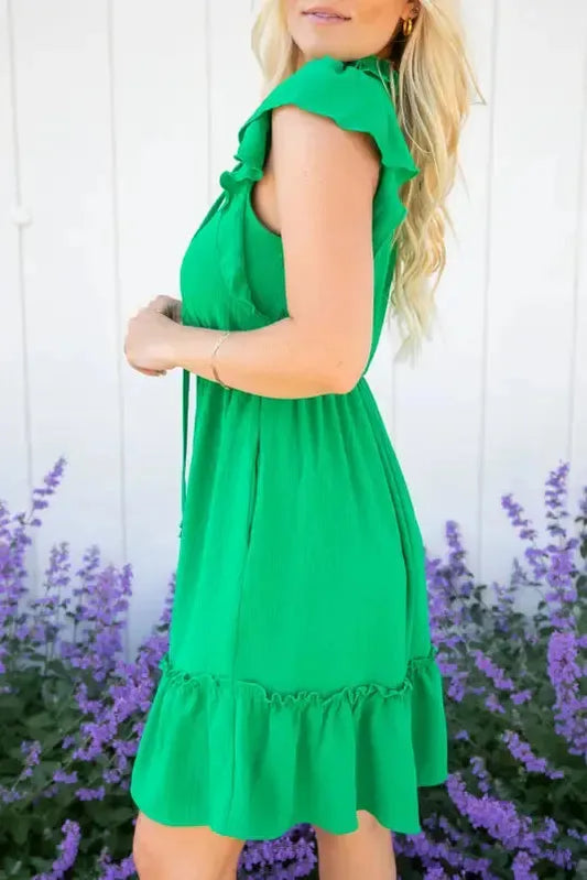Bright Green Split V Neck Elastic Waist Ruffled Dress - Fashionfitz