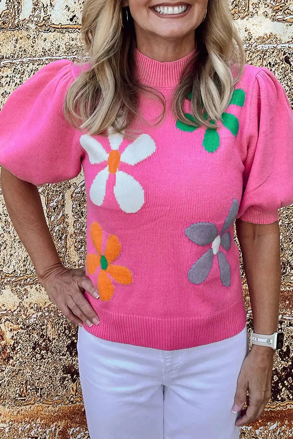 Floral Bubble Short Sleeve Sweater - Fashionfitz