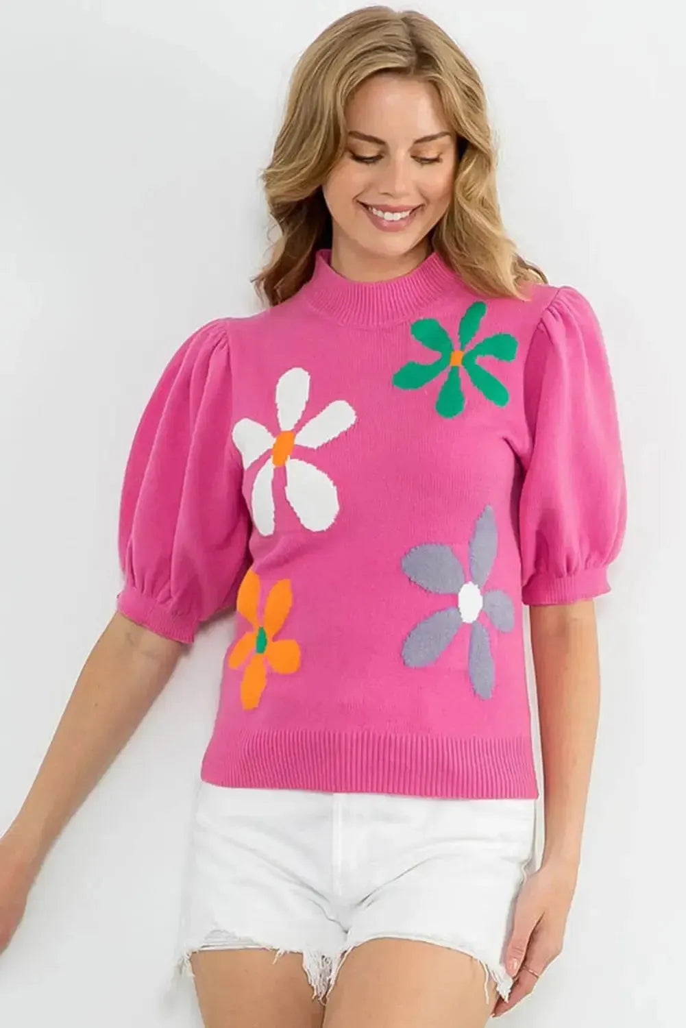 Floral Bubble Short Sleeve Sweater - Fashionfitz