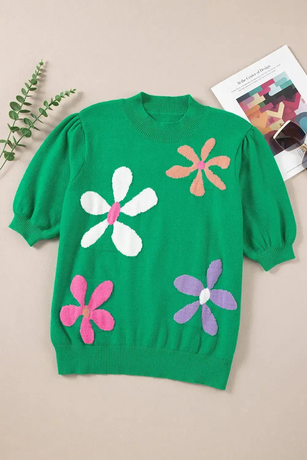 Floral Bubble Short Sleeve Sweater - Fashionfitz