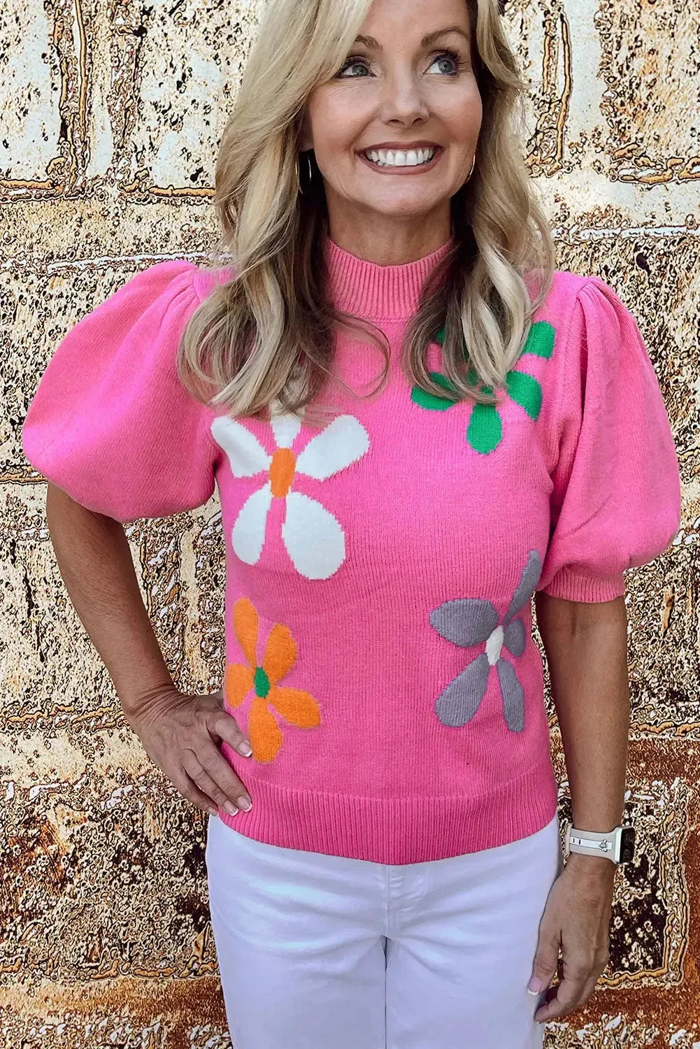 Floral Bubble Short Sleeve Sweater - Fashionfitz