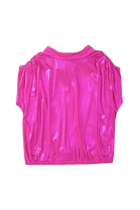 Bright Pink Ruched Sleeves Knotted Backless Blouse - Fashionfitz