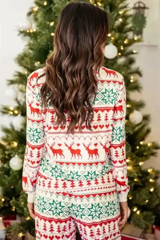 Bright White Christmas Print Pullover and Pants Lounge Set - Fashionfitz