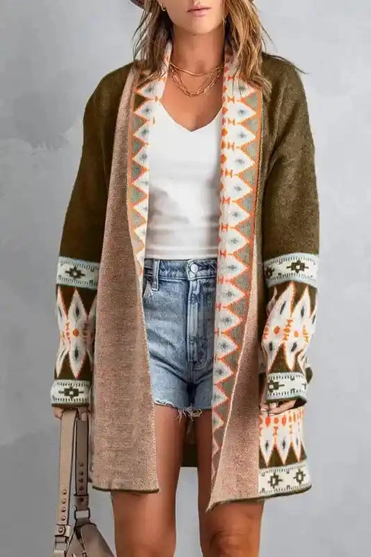 Brown Aztec Print Cardigan - Bohemian Style duster with tribal patterns, styled with denim shorts and white top for fall layering.