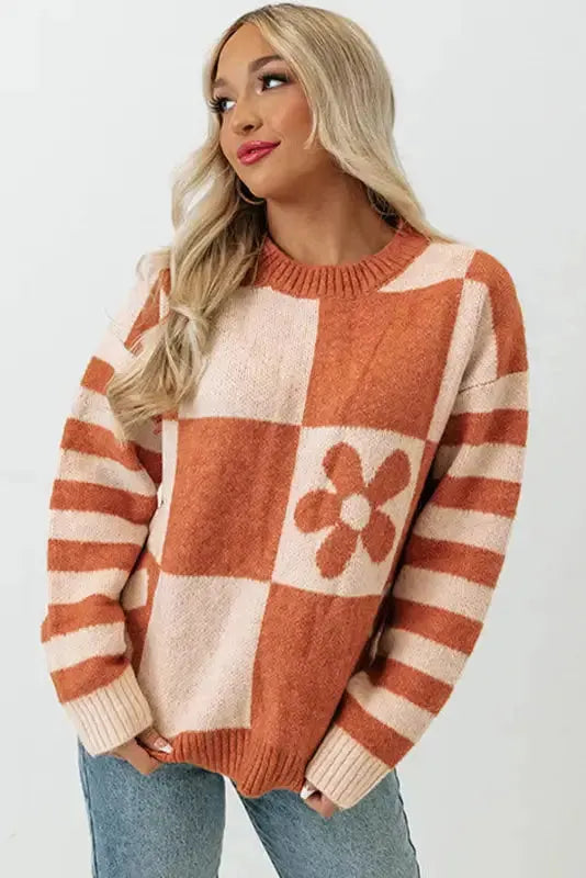 Brown Checkered Floral Print Striped Sleeve Sweater - Fashionfitz