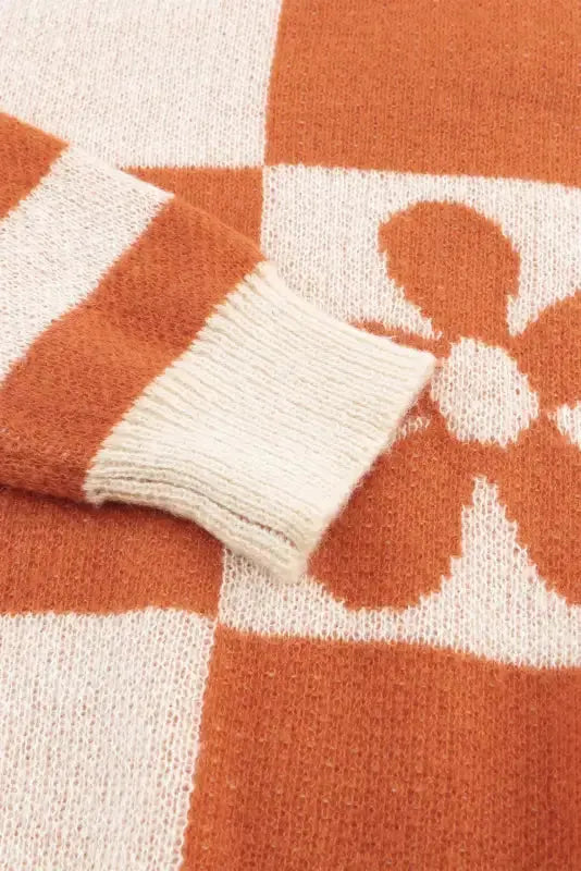 Brown Checkered Floral Print Striped Sleeve Sweater - Fashionfitz