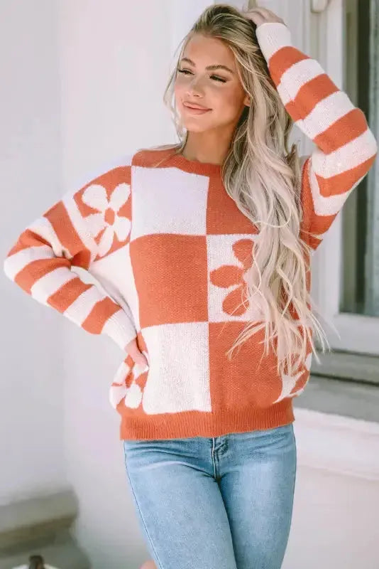 Brown Checkered Floral Print Striped Sleeve Sweater - Fashionfitz