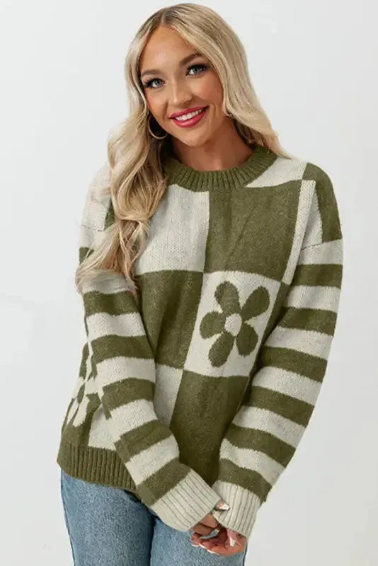 Brown Checkered Floral Print Striped Sleeve Sweater - Fashionfitz