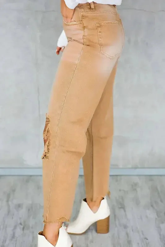 Brown Distressed Hollow-out Cropped Flare Jeans - Fashionfitz