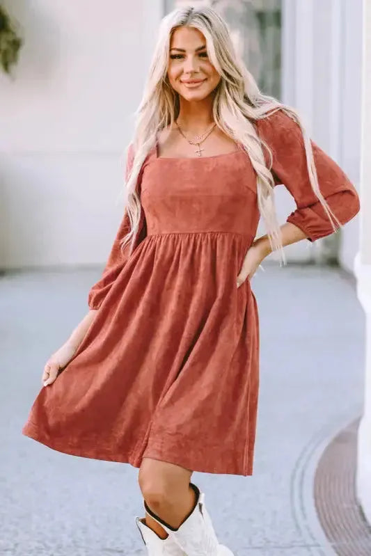 Brown Suede Square Neck Puff Sleeve Dress - Fashionfitz
