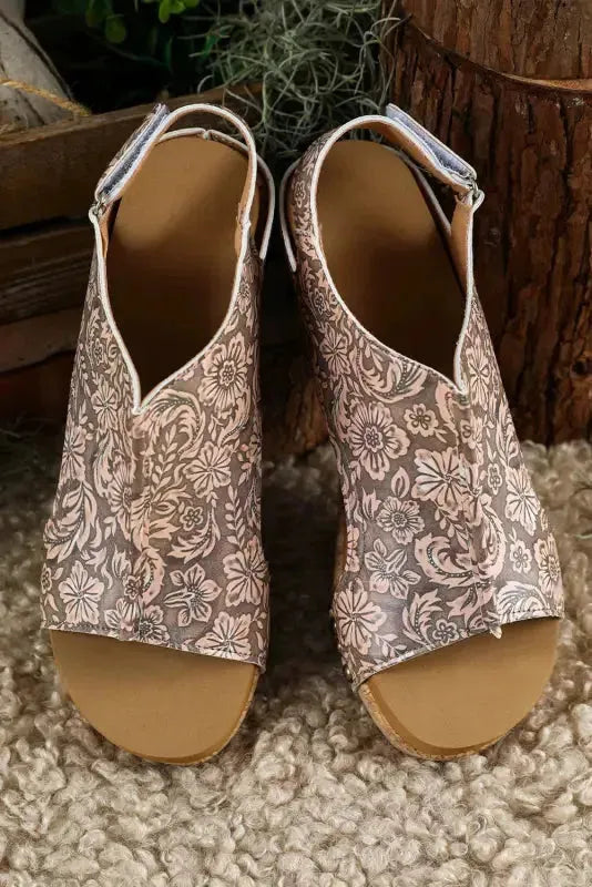 Brown Vintage Floral Leather Rivet Hollowed Platform Sandals - Fashionfitz