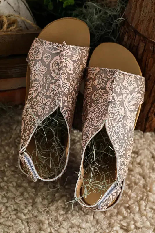 Brown Vintage Floral Leather Rivet Hollowed Platform Sandals - Fashionfitz