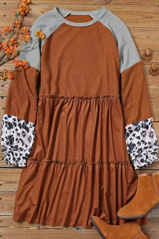 Brown Waffle Knit Leopard Patchwork Long Sleeve Dress - Fashionfitz