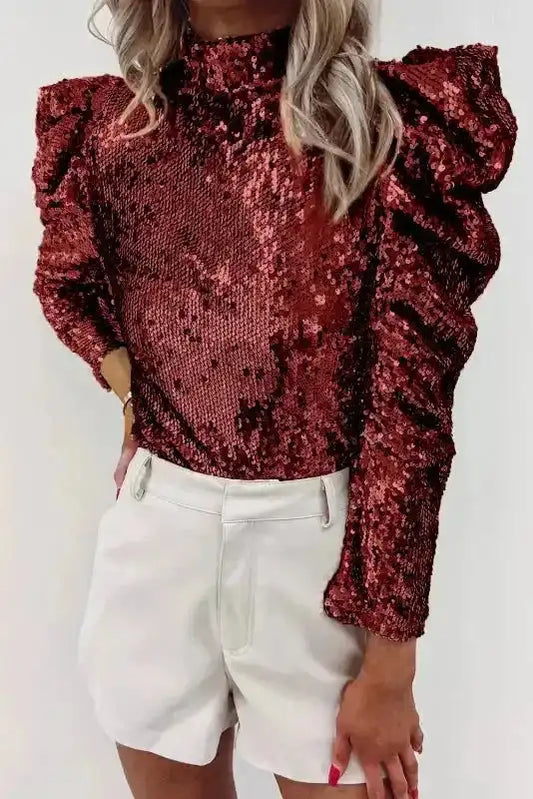 Close-up of Burgundy Sequin Mock Neck Top featuring puff sleeves and shimmering finish, ideal for winter parties or Valentine's Day.