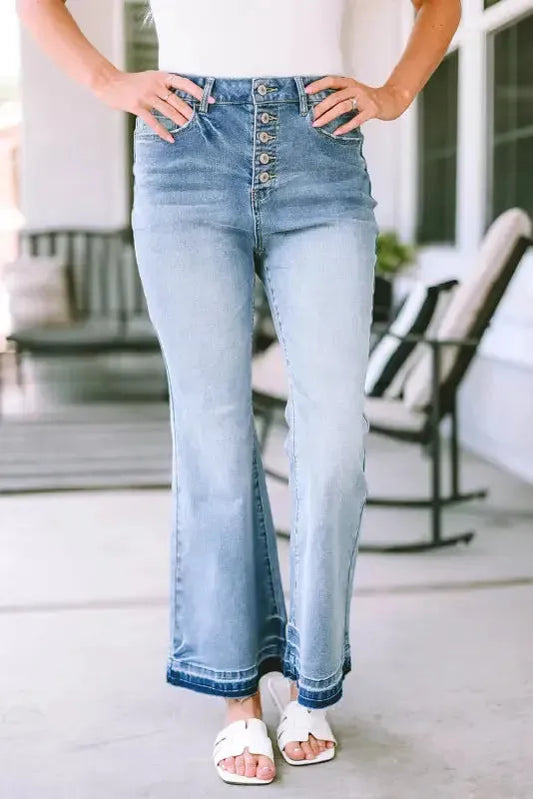 Buttoned Distressed Flared Jeans - Fashionfitz