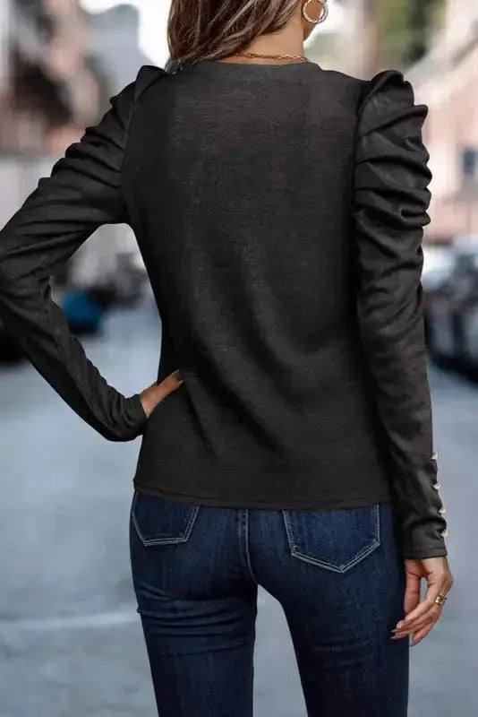 Black puff sleeve buttoned sheath top back view — Fashionfitz UK