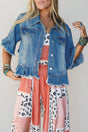 Ruffle Hem Raw Edge Half Sleeve Denim Jacket Women UK