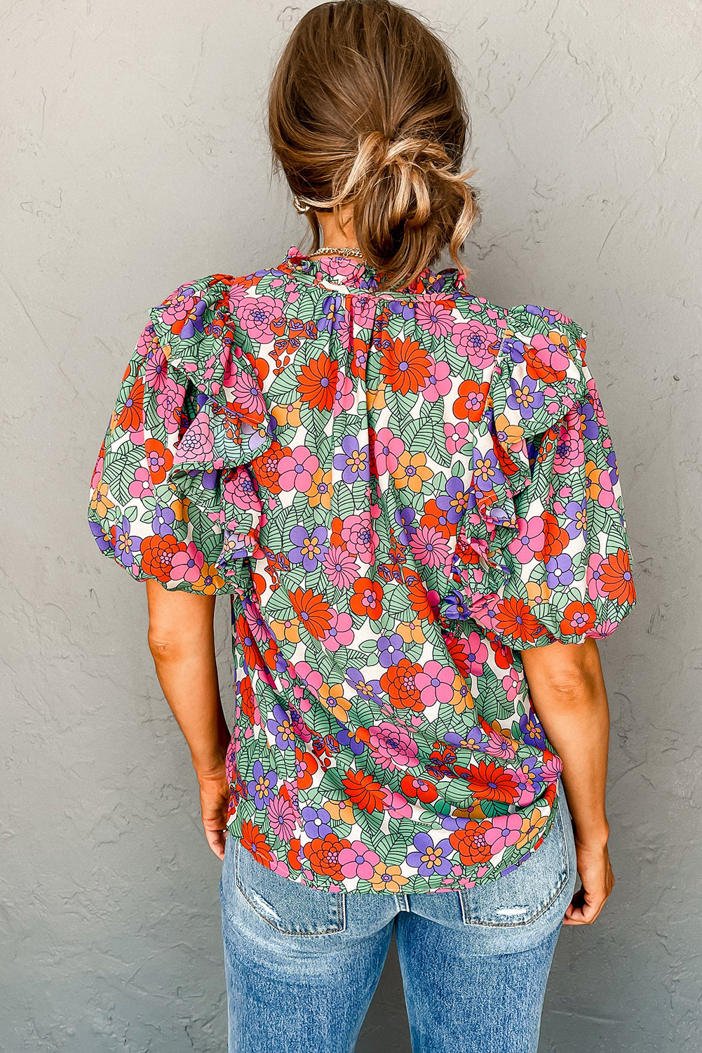 Red Floral Puff Sleeve Blouse