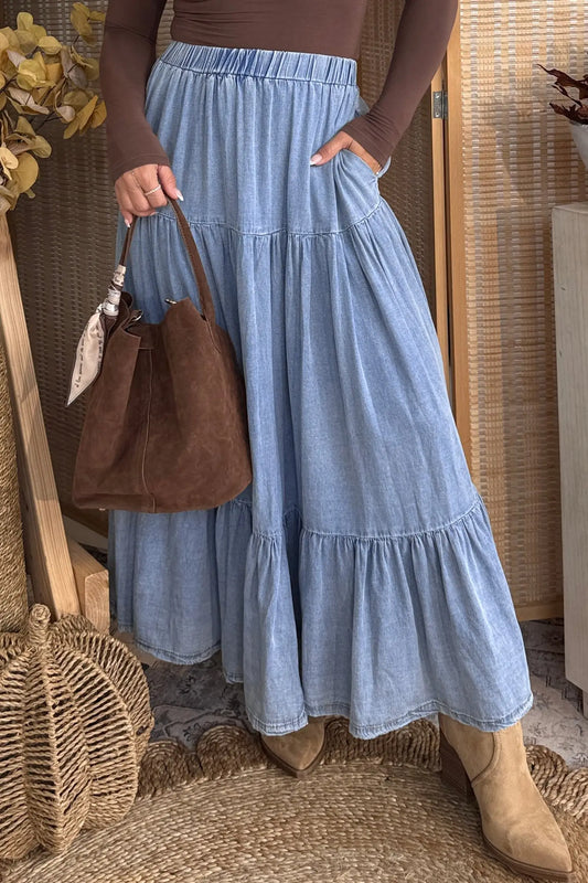 Elastic waist ruffled tiered maxi skirt lyocell side pockets beau blue skirts