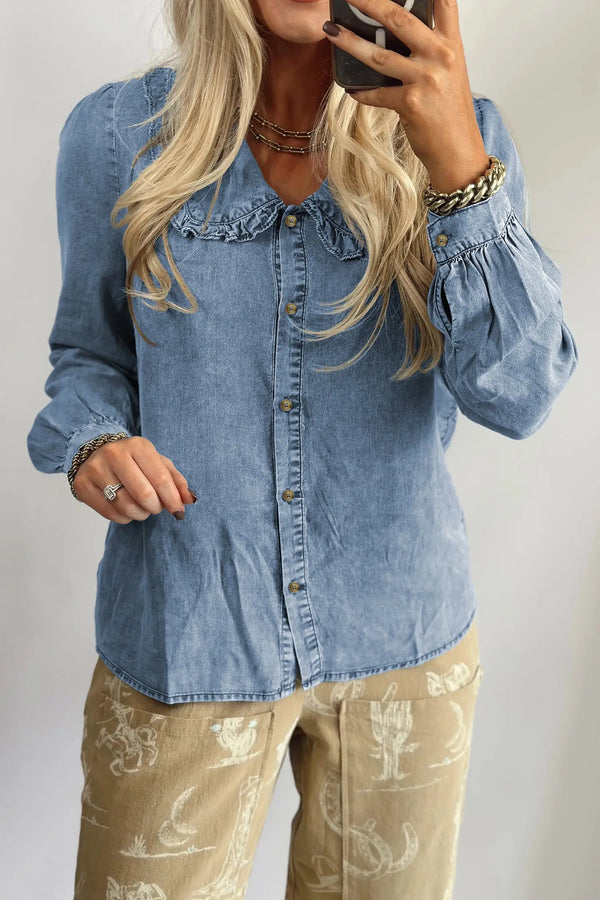 Back view of Ruffled Peter Pan Collar Puff Sleeve Denim Shirt showing long sleeve and 100% cotton denim construction — Fashionfitz