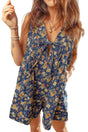 Blue retro floral print bow tie v neck sleeveless pleated loose denim romper