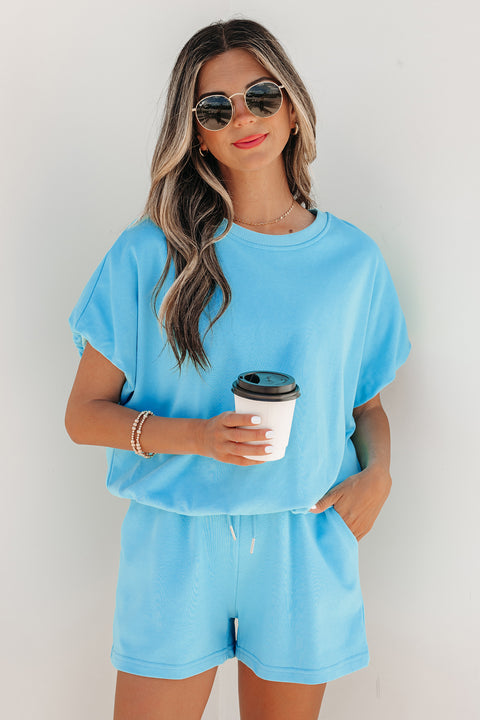 Light Blue Puffy Loose Top Drawstring Shorts 2-Piece Set Women UK