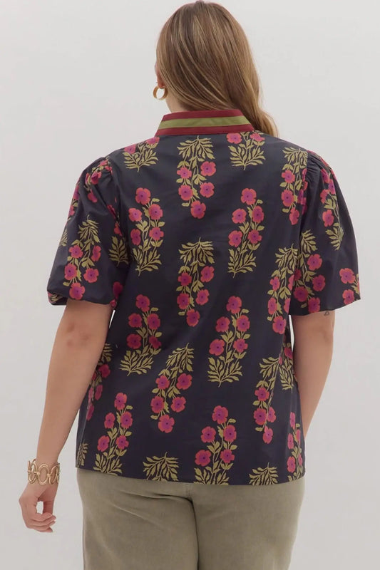 Plus size floral ricrac trim cotton blouse puff sleeve v neck colourblock blouses
