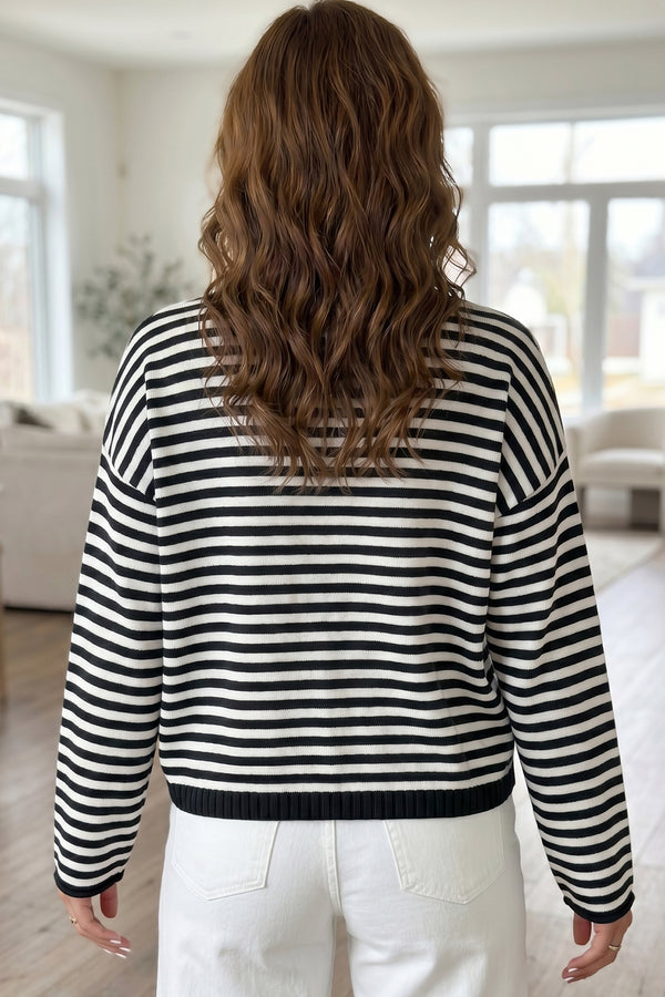 Stripe Drop Shoulder Button Placket Sweater