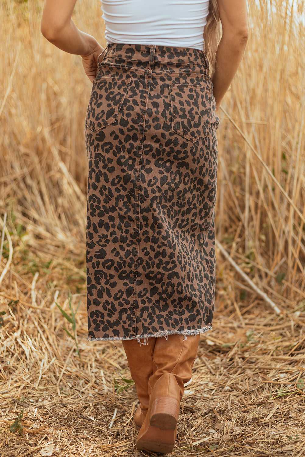 Rear view of Leopard Denim Midi Skirt - Summer Fashion by FashionFitz showing full back silhouette and leopard print detail.