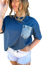Colour block patch pocket short sleeve top round neck tunic relaxed fit tunics