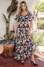 Blue Floral Short Sleeve Smocked High Waist Maxi Dress Women UK — front view