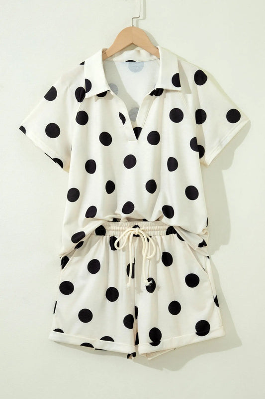 Women's polka dot V-neck tee and high waist drawstring shorts co-ord front view