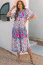 Sky Blue Mixed Floral Tie Split Neck Short Sleeve Dress Women UK