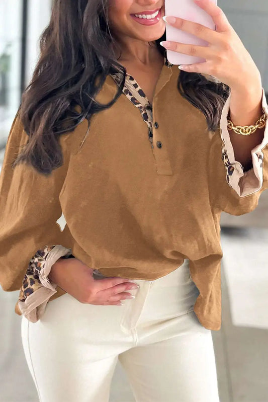 Women’s Camel Leopard Fusion Polo Blouse featuring button front and leopard trim, ideal for casual western-inspired autumn outfits.