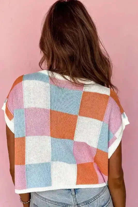 Orange colourblock crop knit top back view — Fashionfitz UK