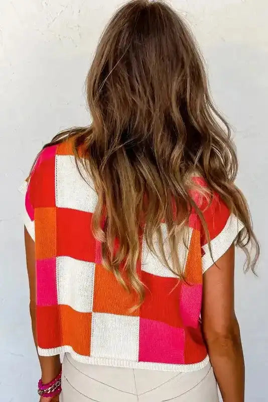 Red colourblock cap sleeve crop sweater back view — Fashionfitz UK