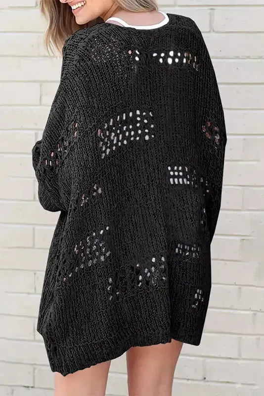 Hollowed knit dolman sleeve cardigan back view — Fashionfitz UK