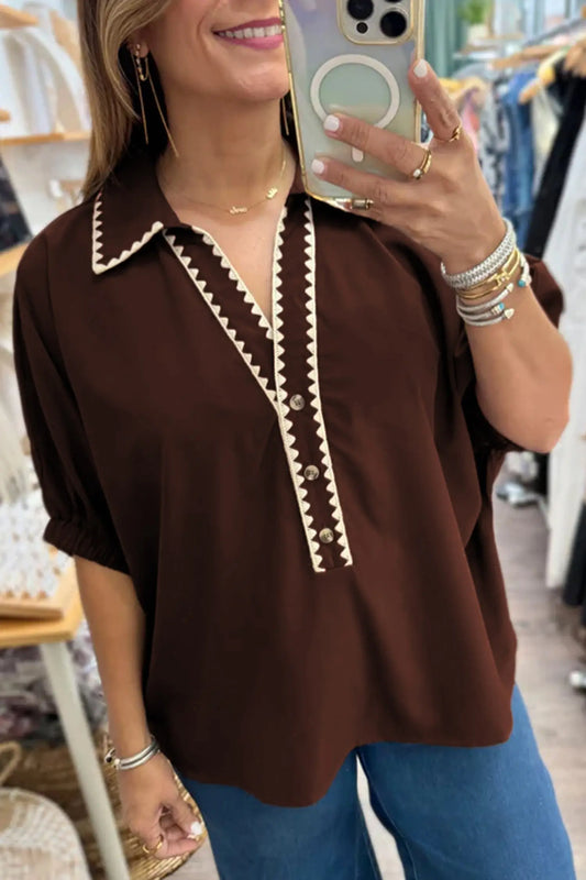 Coffee contrast trim shirt collar blouse button v neck dolman sleeve blouses