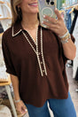 Coffee Contrast Trim Dolman Sleeve Blouse Women UK — front view showing contrast trim at neckline and shirt collar — Fashionfitz