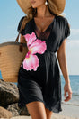 Woman wearing rose floral V-neck semi sheer beach cover up dress, front view, Fashionfitz UK