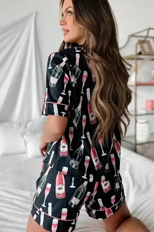 Champagne Pajamas Set - Black Silky Short Sleeve - Fashionfitz