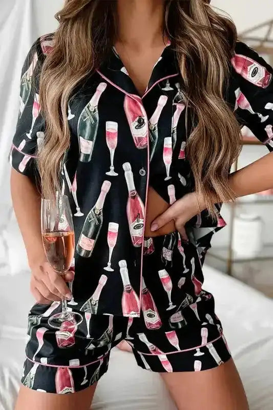 Champagne Pajamas Set - Black Silky Short Sleeve - Fashionfitz