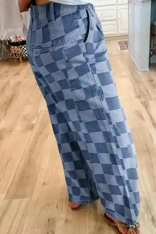 Checkered denim wide leg jeans back view — Fashionfitz UK