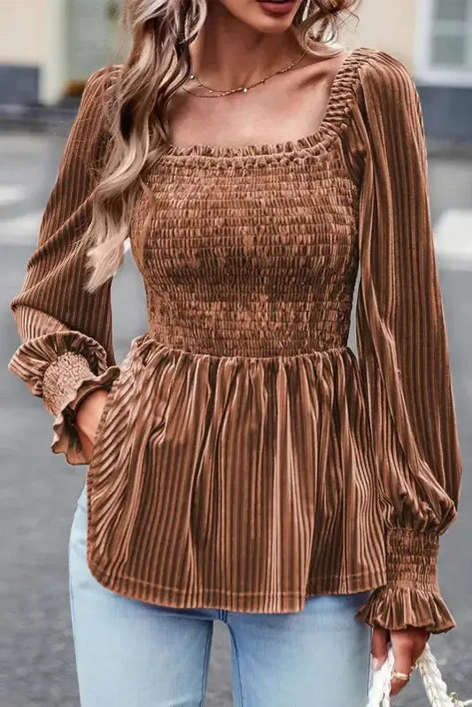Chestnut Smocked Ribbed Velvet Babydoll Top - Fashionfitz