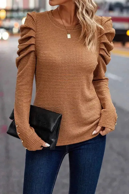 Chestnut Solid Color Textured Buttoned Gigot Sleeve Top - Fashionfitz