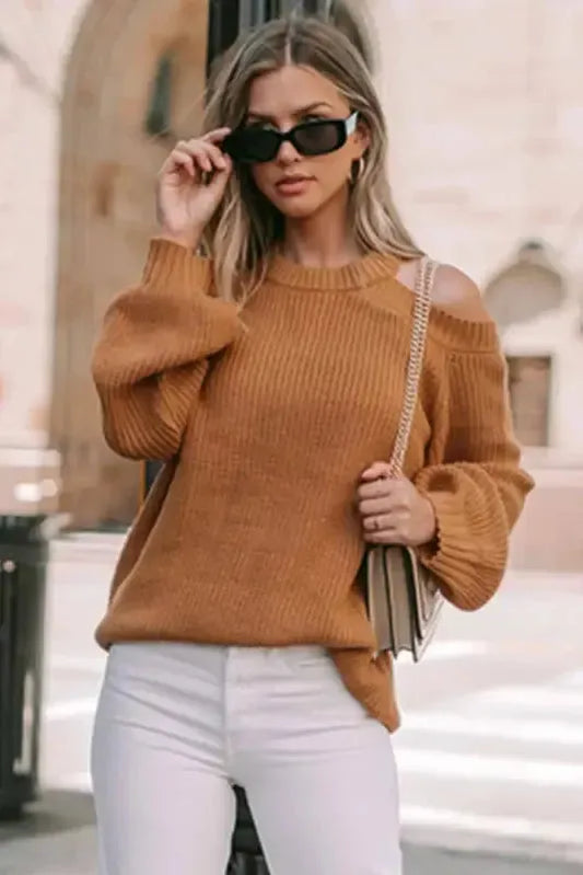 Cold Shoulder Hollow-out Back Sweater - Fashionfitz